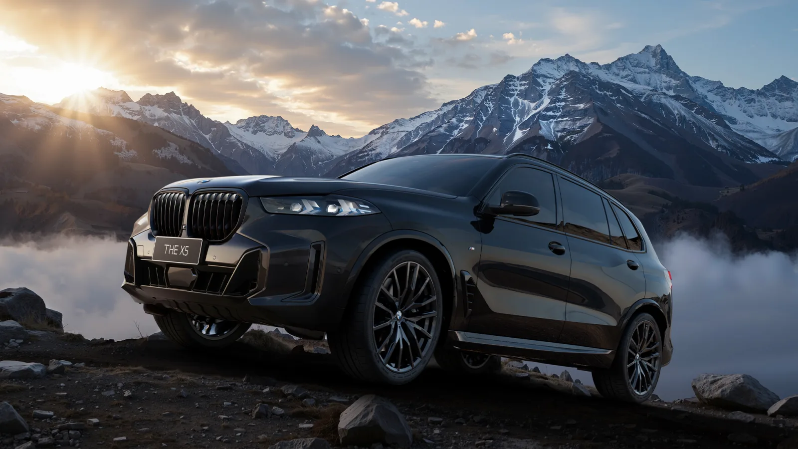BMW X5 2026 в горах — вид спереди три четверти